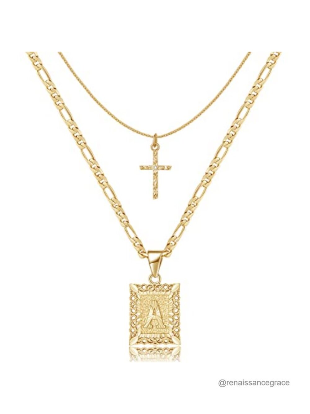 Layered Initial Cross Necklace, 14K Gold Plated Stainless Steel Pendant Choker